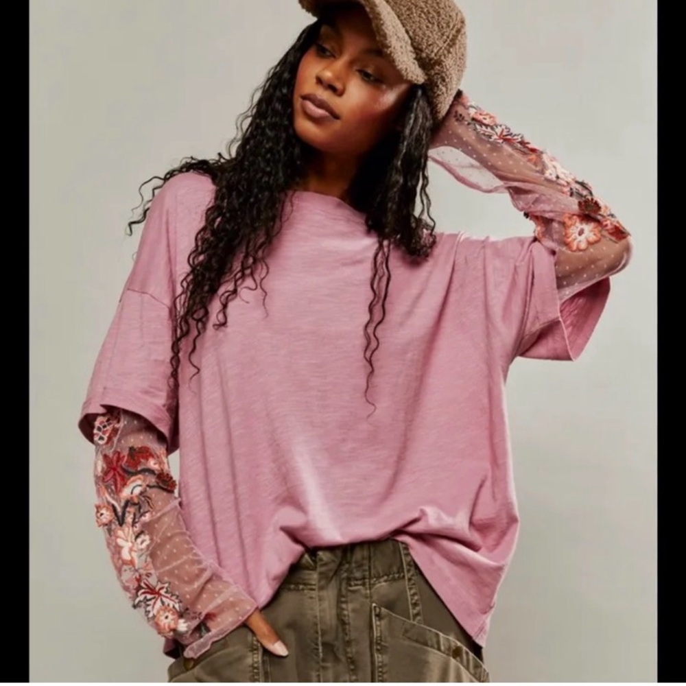 Free People Mauve Embroidered Short Sleeve Tee